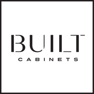 Black text logo reading "BUILT" in large capital letters with “CABINETS” in smaller capitals below, all on a white background with a thin black border—perfectly representing quality Custom Cabinetry Utah craftsmanship.